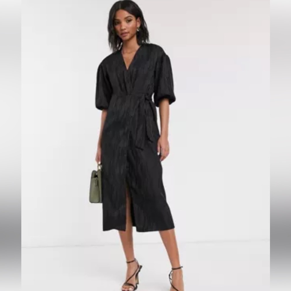Top shop black wrap jacquard midi dress size 6new feminine goth